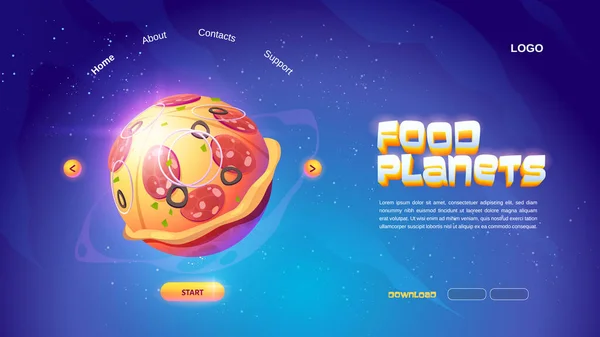 Food planets cartoon landing page with space pizza — Stock Vector