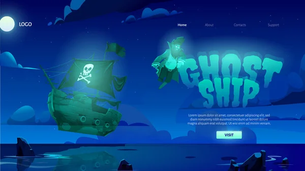 Ghost ship cartoon landing page with dead pirate — Stock Vector