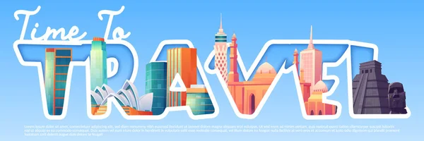 Tiempo para viajar banner de dibujos animados con lugares de interés mundial — Vector de stock