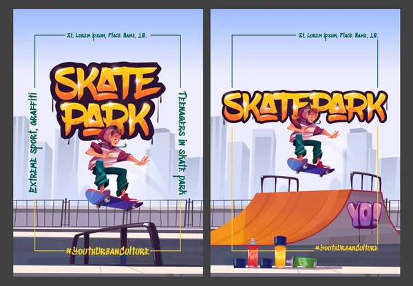 Skate park cartoon posters with teenager jumping