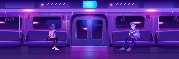 People in night subway train car, underground — Stock Vector
