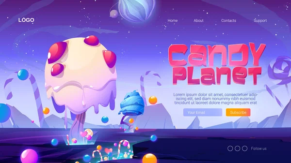 Candy Planet landing page de dibujos animados con dulces — Vector de stock