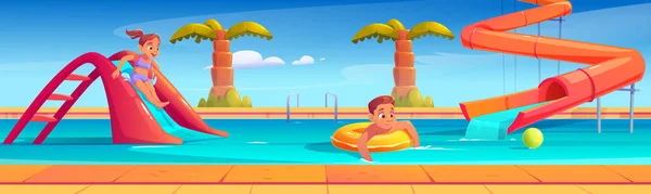 Niños en aquapark, diversión con atracciones acuáticas — Vector de stock