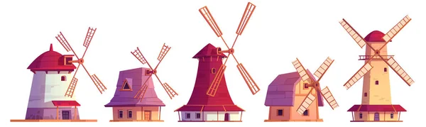 Старые мельницы, винтажный камень и деревянные ветряные мельницы — стоковый вектор