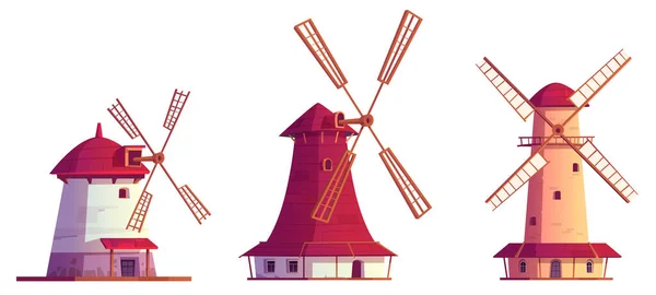 Molinos de viento de dibujos animados, edificios antiguos conjunto aislado — Vector de stock