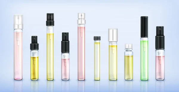 Permetező kupakkal ellátott parfümtesztelő üvegek — Stock Vector
