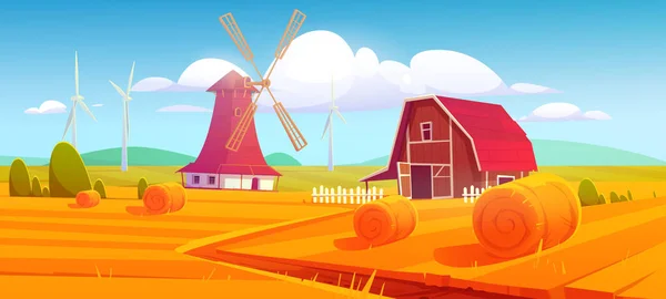 Windmill and barn on farm nature rural background — Stock Vector