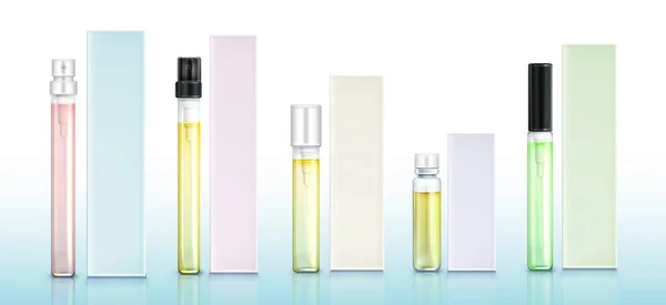 Зразки парфумів пляшки та коробки, набір макетів запахів — стоковий вектор