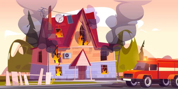 燃える家、郊外のコテージでの消防車 — ストックベクタ
