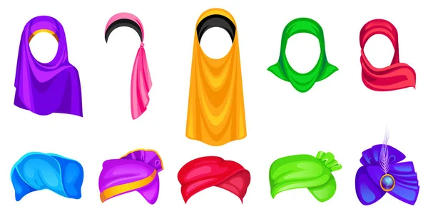 Ensemble de coiffures turban et hijab pour hommes et femmes — Image vectorielle