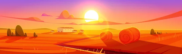 Краєвид заходу сонця сільський пейзаж, поле з сіном — стоковий вектор