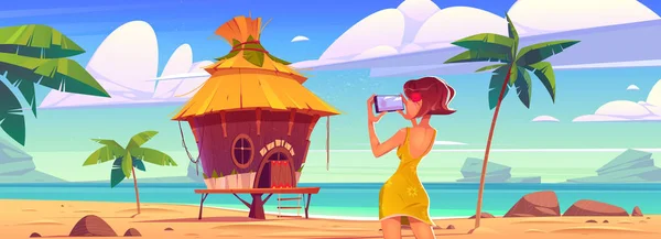 Chica tomar una foto de bungalow y el mar — Vector de stock