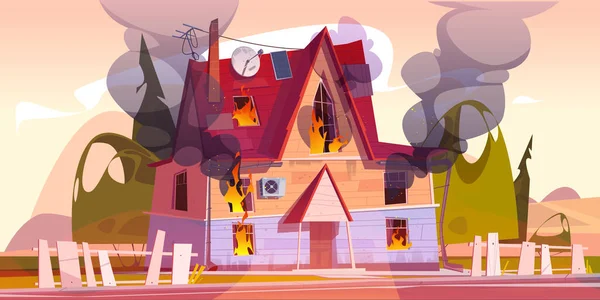 Дом в огне, дом с пламенем и черным дымом — стоковый вектор
