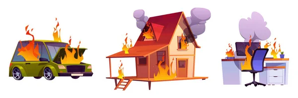 Hořící dům, hořící auto a počítač na stole — Stockový vektor