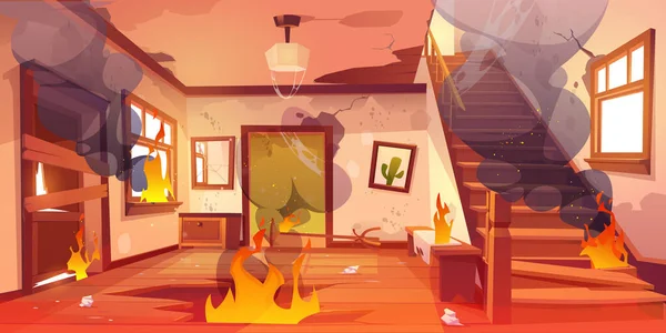 Old abandoned house on fire, flame in hallway — Stock Vector