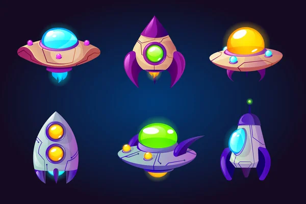 Foguetes de desenhos animados, ufo, vaivéns e naves espaciais — Vetor de Stock