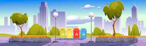 Stadspark met recyclingbakken voor het sorteren van afval — Stockvector