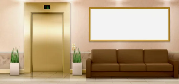 Lobbyinterieur mit Goldlift, Couch und Banner — Stockvektor