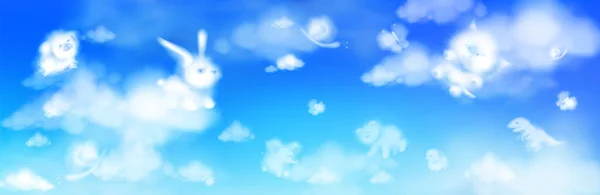Animales nublados volando en el cielo azul, remolinos esponjosos — Vector de stock