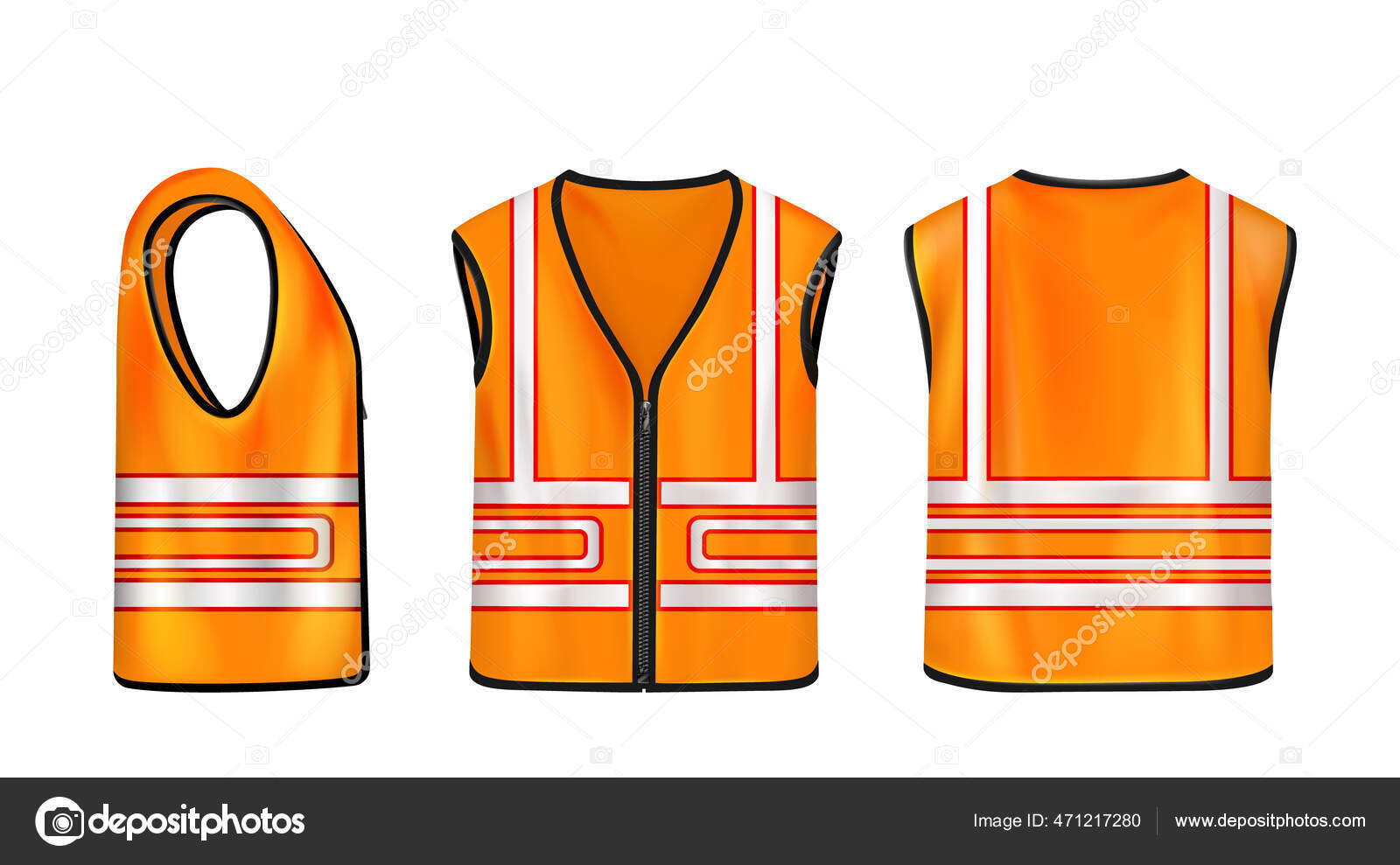 Safety vest front, side, back view, orange jacket Stock Vector by