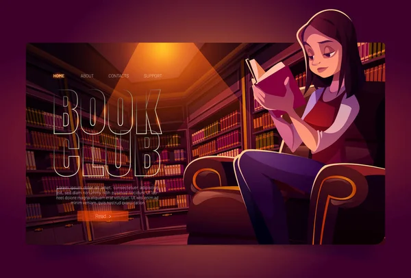 Boek club cartoon landing page, vrouw lezen — Stockvector