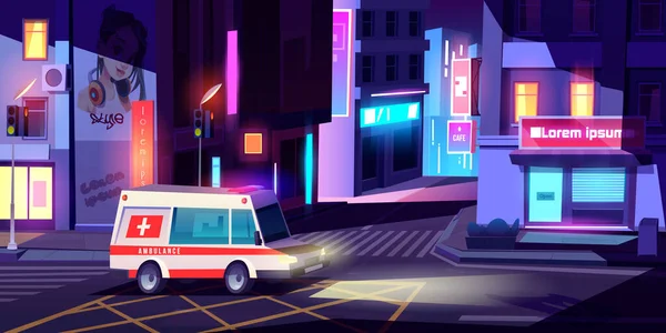 Ασθενοφόρο στη νυχτερινή πόλη, ασθενοφόρο αυτοκίνητο με σηματοδότηση — Διανυσματικό Αρχείο