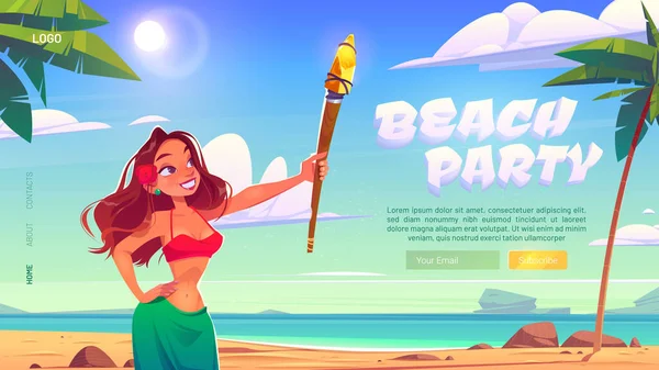 Banner de festa de praia com mulher e mar — Vetor de Stock