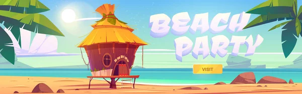 Praia festa landing page com mar e bangalô —  Vetores de Stock