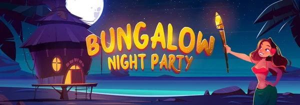 Bungalow Nacht Party Banner mit Frau und Meer — Stockvektor