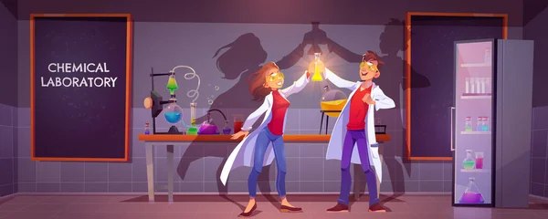 Happy chemists in chemical lab experiment - Stok Vektor