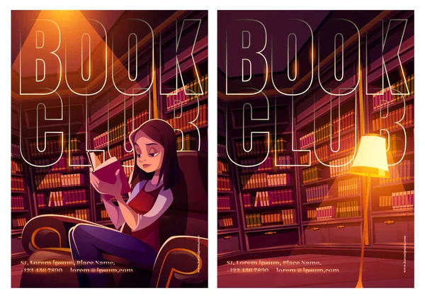 Cartazes de clube de livro com menina lê livro na biblioteca —  Vetores de Stock