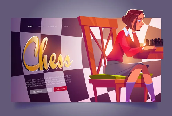 Σκακιστική λέσχη σελίδα προσγείωσης, νεαρό κορίτσι που παίζει το παιχνίδι — Διανυσματικό Αρχείο
