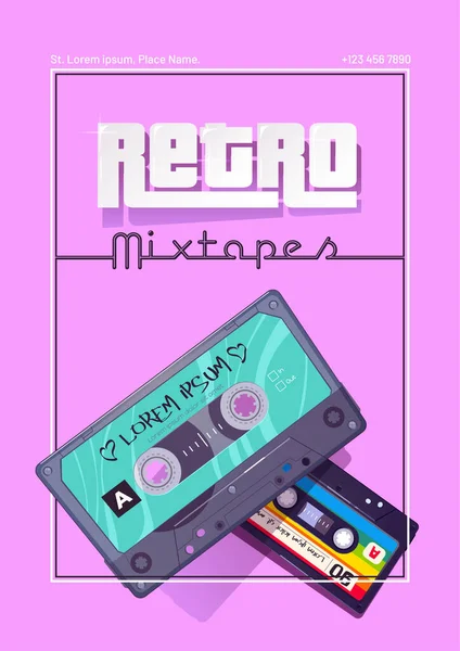 Retro mixtapes cartaz dos desenhos animados, música e som —  Vetores de Stock