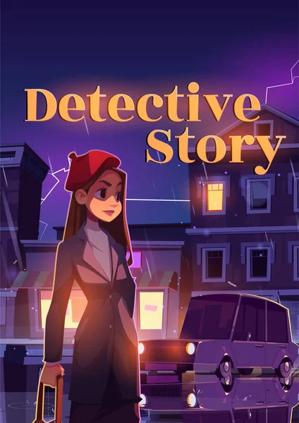 Детективний плакат, жінка на дощовій вулиці — стоковий вектор