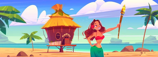 Młoda kobieta trzyma latarkę na plaży z chatką, party — Wektor stockowy