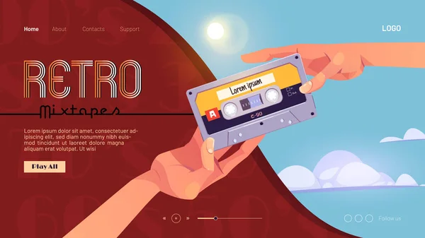 Retro Mixtapes Cartoon Banner mit menschlichen Händen — Stockvektor