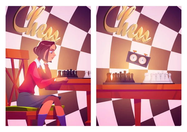 Šachové plakáty s dívkou hrající šachy — Stockový vektor
