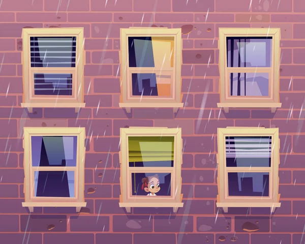 Ragazza triste guarda attraverso la finestra a pioggia fuori — Vettoriale Stock