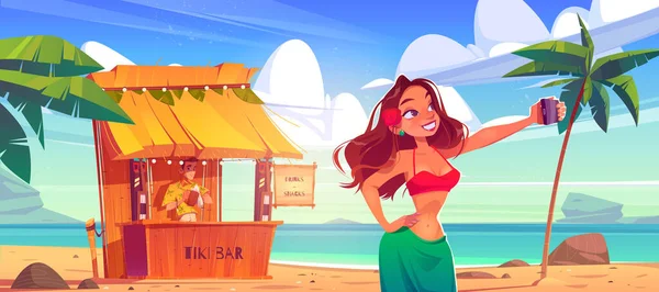 Chica tomar selfie en el fondo de tiki bar y el mar — Vector de stock