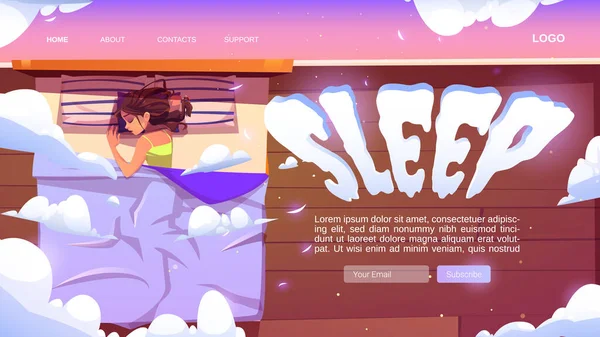 수면 웹 사이트 ( 영어 ) Sleep website with woman aps in bed under blanket — 스톡 벡터