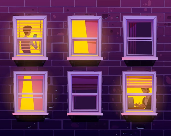 Люди в окнах, частная жизнь в квартирах — стоковый вектор