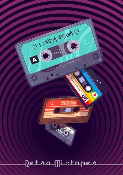 Retro mixtapes cartaz dos desenhos animados com fitas de áudio mix —  Vetores de Stock
