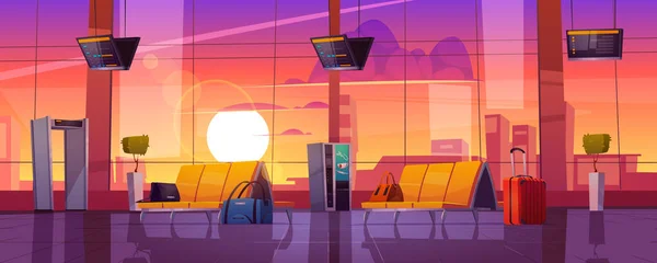 Terminal del aeropuerto con equipaje al atardecer — Vector de stock