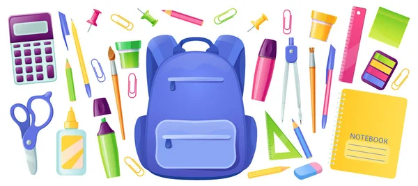 Канцелярские принадлежности для школы и детей рюкзак — стоковый вектор