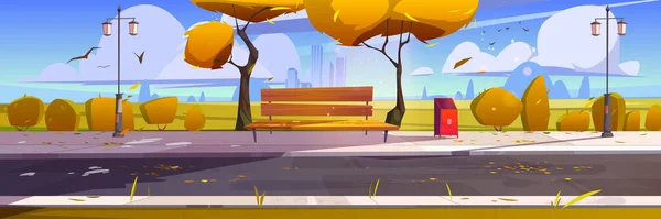 Outono parque da cidade com banco de madeira, árvores amarelas — Vetor de Stock