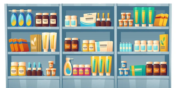 Estante de farmacia con medicamentos, escaparate de farmacia — Vector de stock