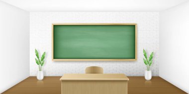 Duvarında ve masasında yeşil tahta olan sınıf.