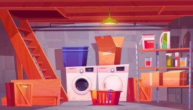 Laundry in basement, cartoon home cellar interior clipart