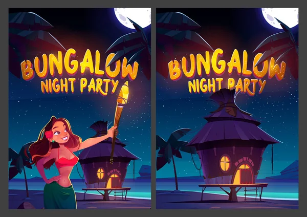 Bungalow夜派对漫画海报，年轻女人 — 图库矢量图片