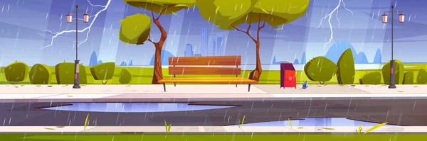 Tempestade com chuva e relâmpagos no parque da cidade — Vetor de Stock